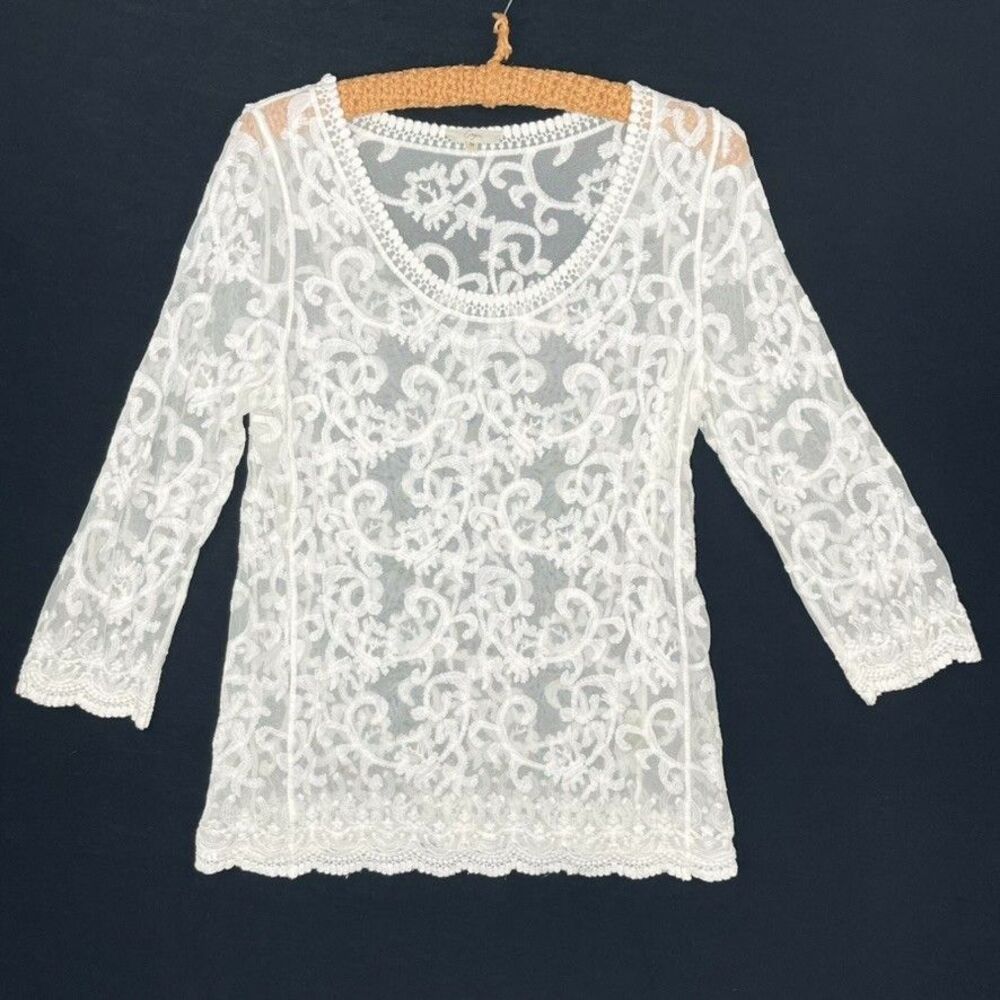 Capri Clothing Ivory Med Lace Round-Neck Boho Sheer Blouse Whimsy Romantic Top